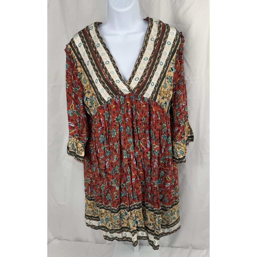 Easel Women's Dress Loose 3/4 Sleeve Ruffles Boho V-neck Floral High Waist,Small